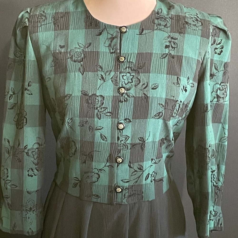 Miss Dorby Maxi Dress Womens Green Black Good Vintage Plaid Floral Long Sleeve